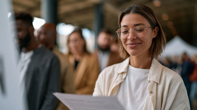 Employment specialist reviews a veteran's military occupational specialty translation worksheet at a job fair kiosk, several other veterans forming a loose queue behind, the