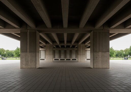 Modern concrete architecture under a bridge