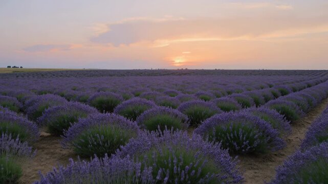 Pulling back camera revealing rows of lavender with bare soil on flat farmland, showing sunset