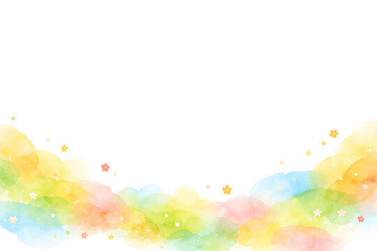 Cute watercolor pastel rainbow cloud border frame with hand drawn stars and flowers isolated on a transparent background. generated by AI.