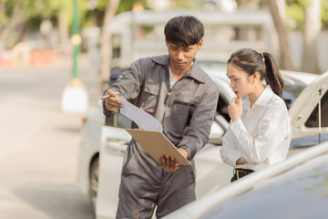 Fototapeta premium The insurance agent showed the anxious female driver at the scene of the car accident details on his smartphone, emphasizing the claims process to the Asian businesswoman after the collision.