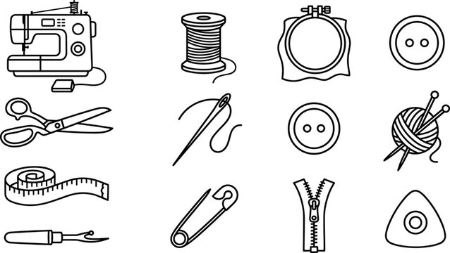 Sewing and tailoring line art icon vector set featuring sewing machine scissors thread yarn buttons and craft tools