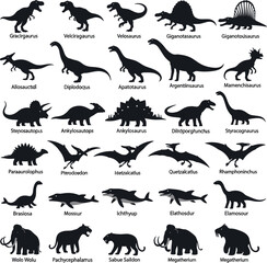 Dinosaurs and Prehistoric Animals Icon Set with T-Rex, Triceratops, Velociraptor, Pterodactyl, Mammoth, and Fossil Creatures for Education Design © Mustak