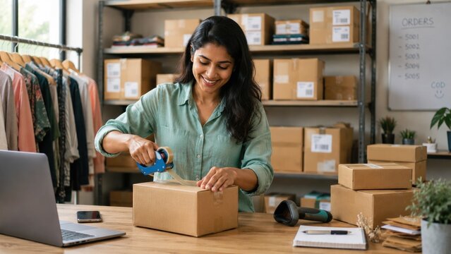 Indian small business owner packaging customer orders in ecommerce workspace with inventory management shipping and fulfillment operations