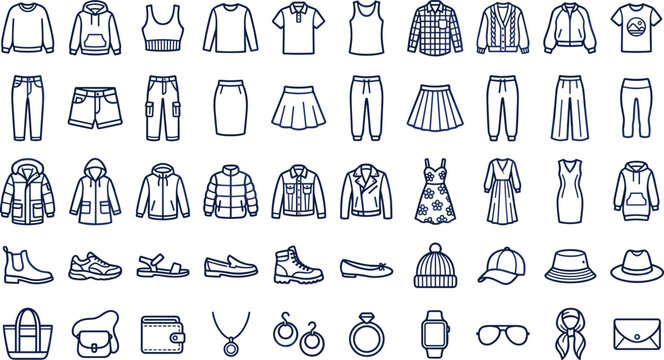 Vector linear icon collection featuring apparel mega set with casual women clothing jackets pants skirts dresses shoes and fashion accessories on white.