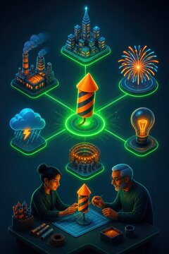 Futuristic innovation network with rocket launch concept and teamwork around creative development