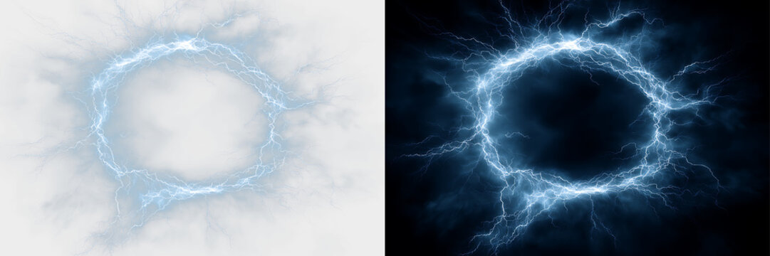 Bright blue electric circle with thunder lightning effects isolated on transparent background for graphics and compositions, PNG
