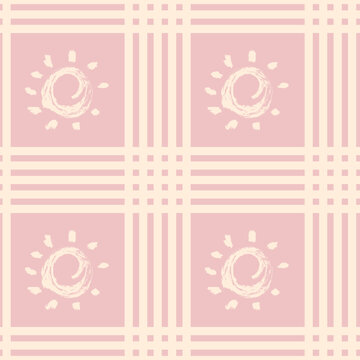 Cream plaid seamless pattern with grunge brush stroke sun symbols on pink retro background for textile, fabric, wallpaper design. Vector illustration
