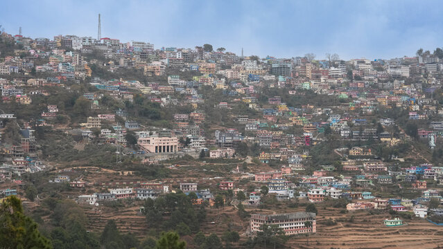 Panoramic view of Almora town in the Kumaon region of Uttarakhand, India, showing hillside houses
