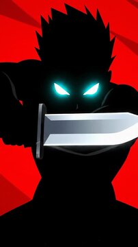 Dark warrior silhouette moves on red background with sharp sword ready for action in this unique animation