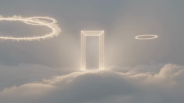 Flickering left ring, glowing doorway brightening and casting light onto clouds, right halo pulsing