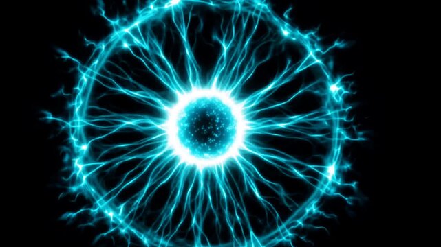 Glowing blue electric plasma ball with lightning rays on black background.