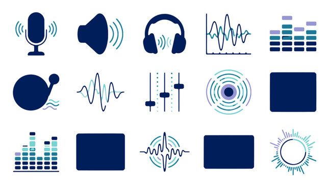 Modern Creative Audio Sound Icons Collection with Volume Mute Play Pause Stop and Music Symbols Set for Multimedia Apps and Web Design