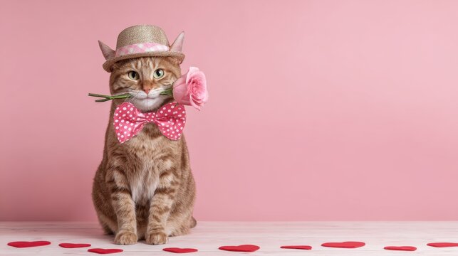 Mothers Day, Valentines Day, love holiday theme. A ginger cat wearing a pink bowtie and a straw hat, holding a rose in its mouth, against a pink background with heartshaped petals on the floor.