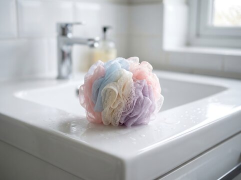 Soft shower sponge puff on ceramic basin