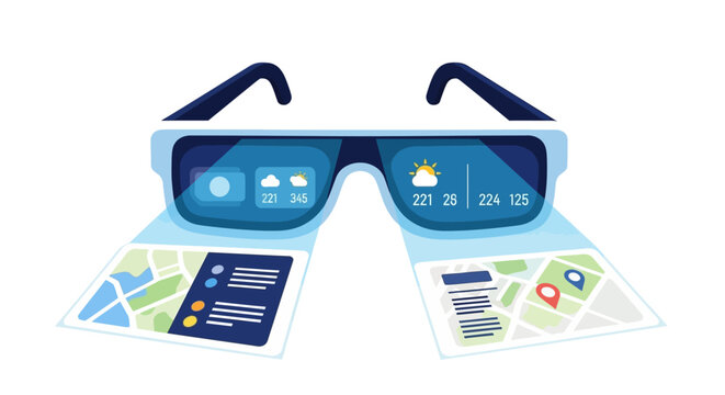 Augmented Reality Smart Glasses with Map Navigation and Weather HUD Illustration