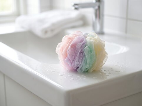 Soft shower sponge puff on ceramic basin
