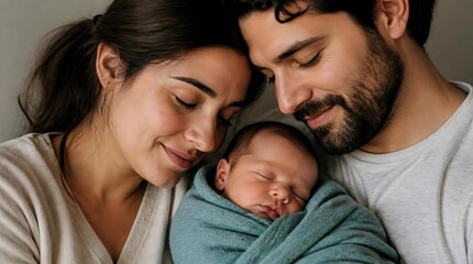 Fototapeta premium Two parents close together hugging a sleeping baby