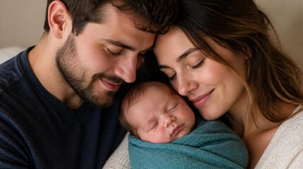 Fototapeta premium Two parents close together hugging a sleeping baby