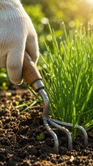 Fototapeta premium Gardener using hand tool to cultivate soil and green grass in garden 