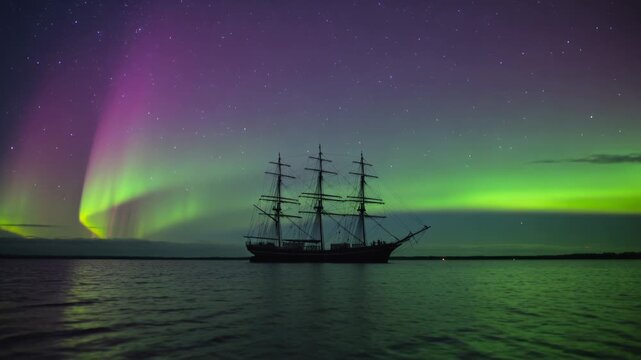 Shifting green-purple aurora filling night sky over calm coast water creating tall ship reflections