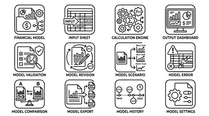 Obraz premium Diverse set of financial modeling icons and diagrams representing calculations, planning, and analysis.