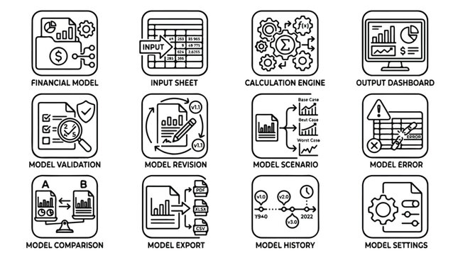 Diverse set of financial modeling icons and diagrams representing calculations, planning, and analysis.