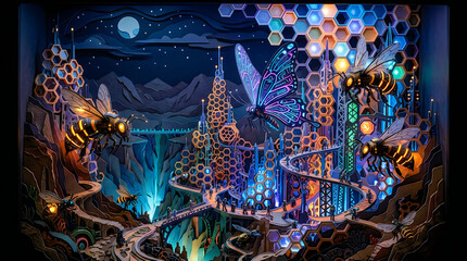 Obraz premium Futuristic cityscape with glowing hexagonal structures and flying vehicles