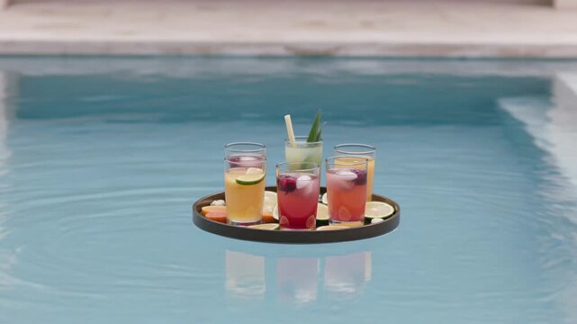 Floating tray holding six drinks, bobbing after ripple in pool with green drink straw and lime