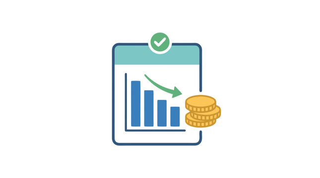 Cost reduction concept icon with clipboard bar chart and green arrow