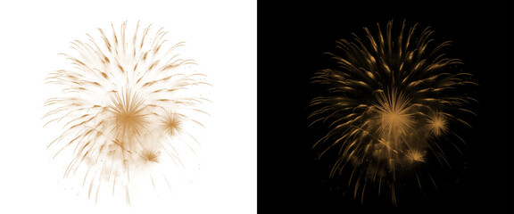 Obraz premium Golden firework explosion on black and white backgrounds, festive pyrotechnic burst for celebration, sparkling gold firework display for holiday events