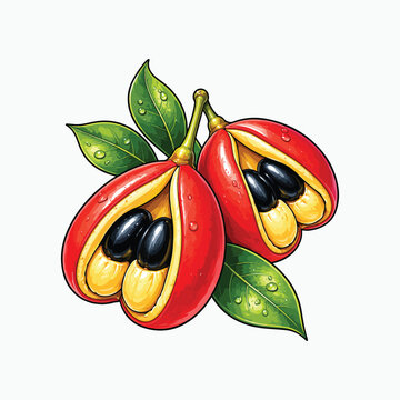 Bright ackee fruit with leaves vector illustration