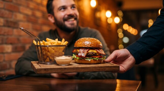 Waiter serving juicy bacon cheeseburger with crispy french fries and dipping sauce on wooden board to smiling male customer in cozy rustic restaurant setting with warm lighting