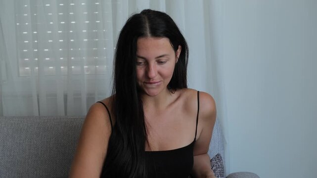Anxiety and stress concept with woman biting lips in nervous habit, emotional tension and overthinking behavior
