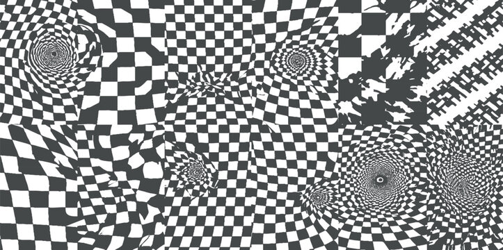 Optical Illusion Chaos: A mind-bending abstract pattern of black and white checks and swirling vortexes creates a mesmerizing and disorienting visual experience.