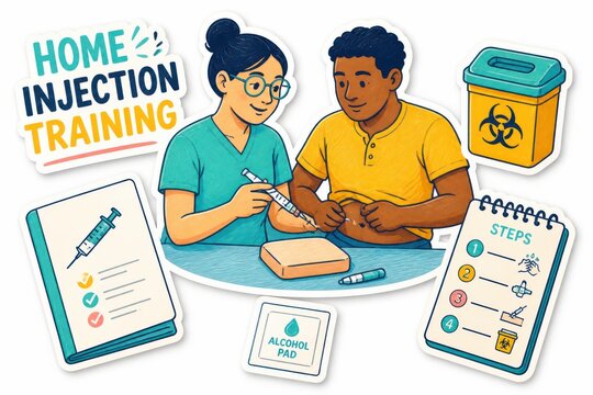 Home injection training with nurse and patient demonstrating safe self care