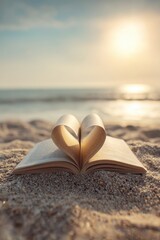 Romantic love theme for Valentines Day. An open book with a heartshaped page resting on a sandy beach at sunset. The sky is painted with a mix of vibrant oranges, pinks, and purples. © rabbit75_fot