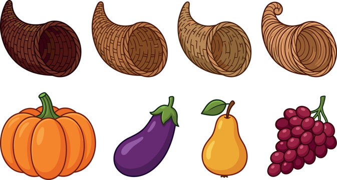 Empty Thanksgiving Cornucopia Wicker Baskets and Autumn Harvest Elements Icon Set with Pumpkin Eggplant Pear and Grapes for Festive Seasonal Vector Designs