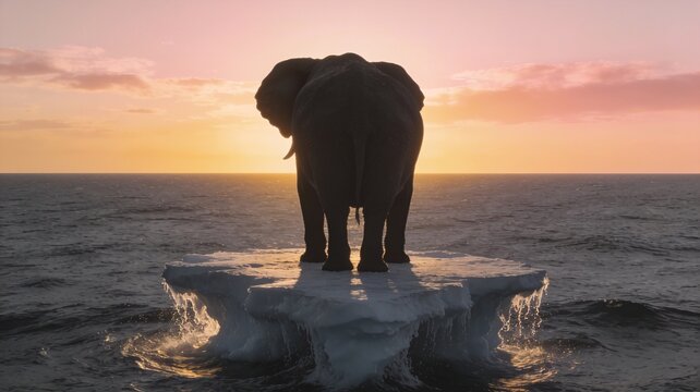 Enormous Elephant Standing Tiny Ice Floe Dark Ocean Edges Sinking Under Weight Calm Expression Golden Hour Backlight Surreal Scale Risk Concept Cinematic