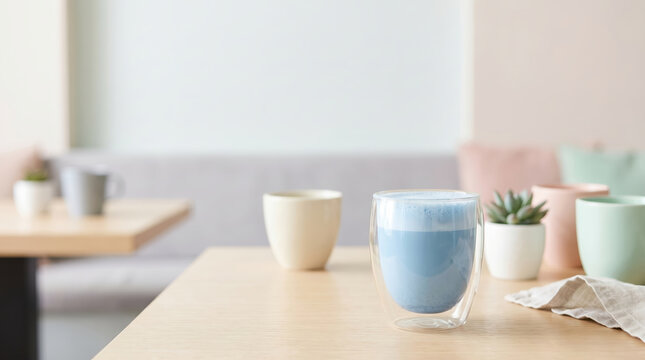 Blue matcha latte in a colorful wellness setting