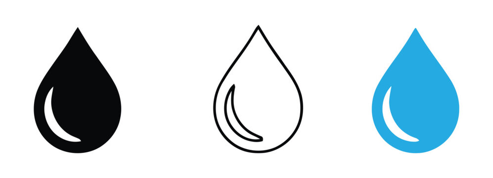 Water drop shape. Water drop icon, minimalist symbol in solid and outline. Blue water drops set. Water or oil drop. Flat style Isolated on white background - stock vector.