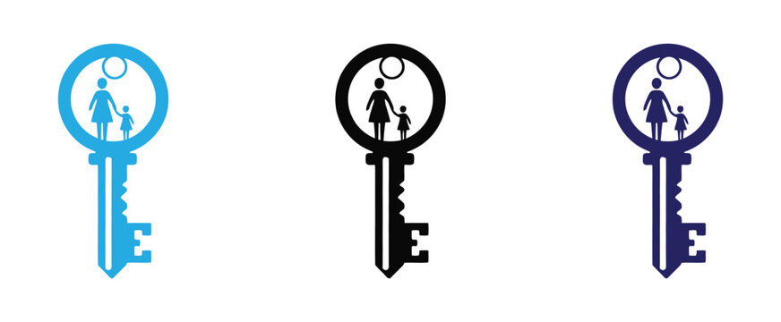 Colorful keys with mother and child silhouette icons. Family and key icon in three colors for design and branding purposes vector illustration.