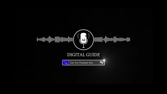 Digital Guide artificial intelligence podcast audio waveform animation with microphone icon and digital search bar typing text isolated on black background for tech tutorial video intro elements.