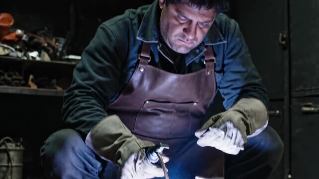 Striking electrode sparking arc, welder crouching and repairing metal in dim shop, leather apron
