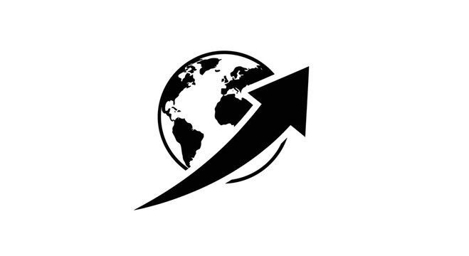Globe icon featuring a bold rising arrow signifies international business growth, global expansion, or successful logistics and trade strategies in a professional and corporate visual context.