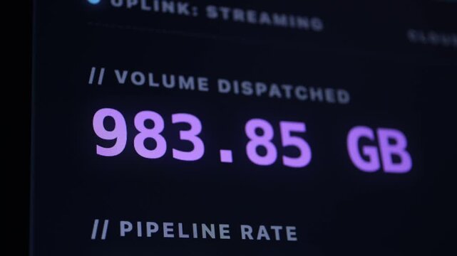Close-up of a data dashboard screen displaying high volume dispatched metrics in terabytes.