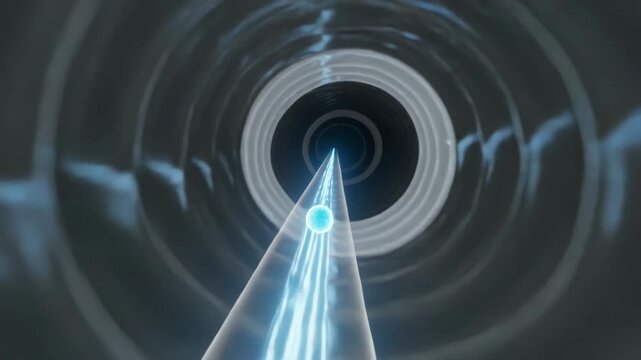 Activating beam propelling blue orb through ringed tunnel toward inner target with concentric rings