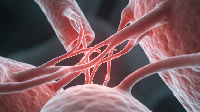 Pulsing cluster of pink cells shifting threads under scope with frames advancing, junction glowing