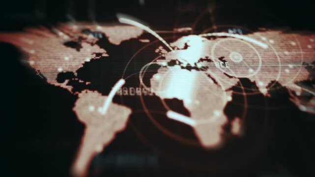 Futuristic real-time cyber threat world map with floating code fragments