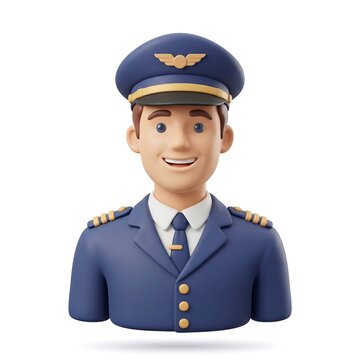 Professional 3D cartoon male pilot character wearing blue aviation uniform and cap isolated on white